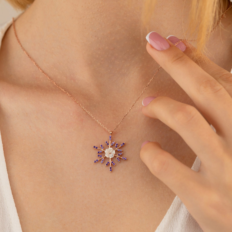 Amethyst Stone Magnolia Flower Snowflake Sterling Silver Necklace - Thumbnail