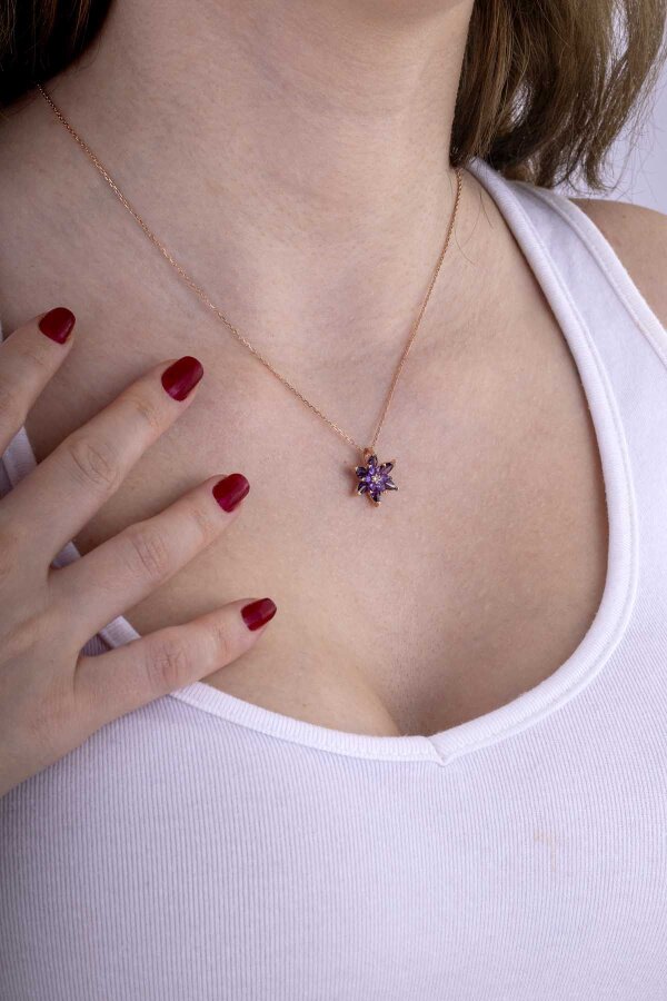 Ametist Renk Lotus Çiçeği Gümüş Kolye - Gümüş Pazarım