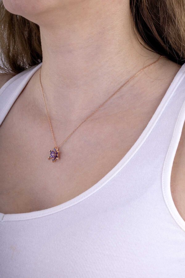 Ametist Renk Lotus Çiçeği Gümüş Kolye - Gümüş Pazarım