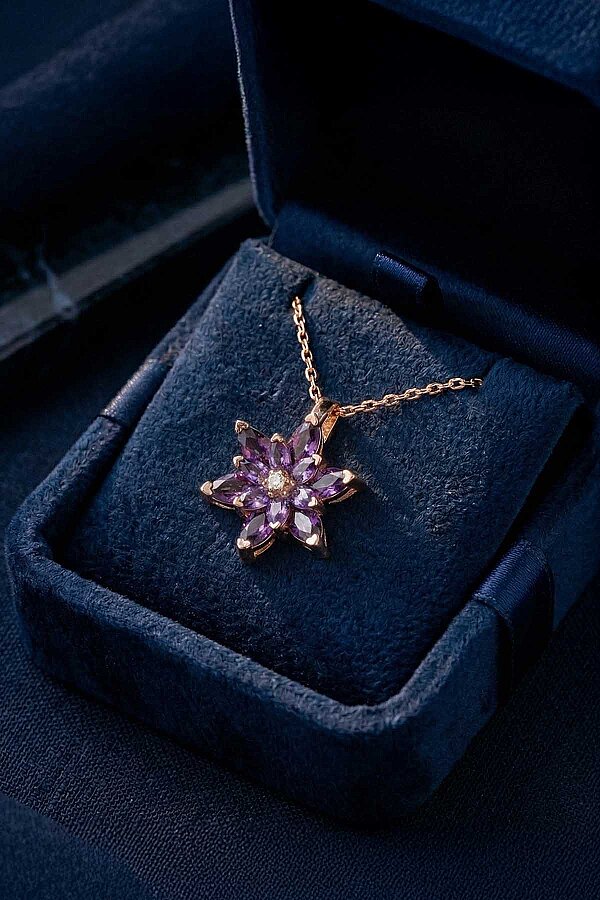 Ametist Renk Lotus Çiçeği Gümüş Kolye - Gümüş Pazarım