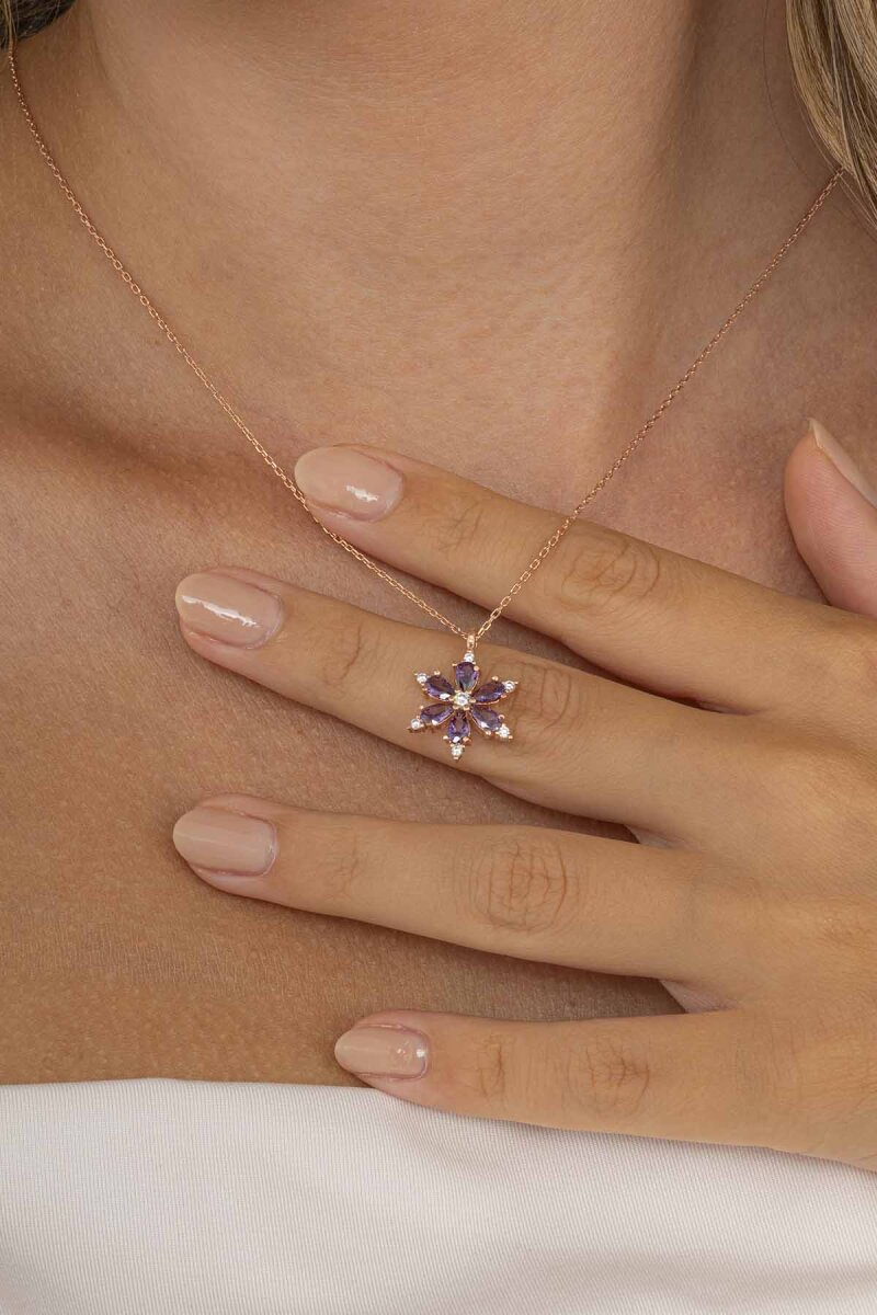 Ametist Taşlı 6 Yapraklı Yonca Gümüş Kolye - 2