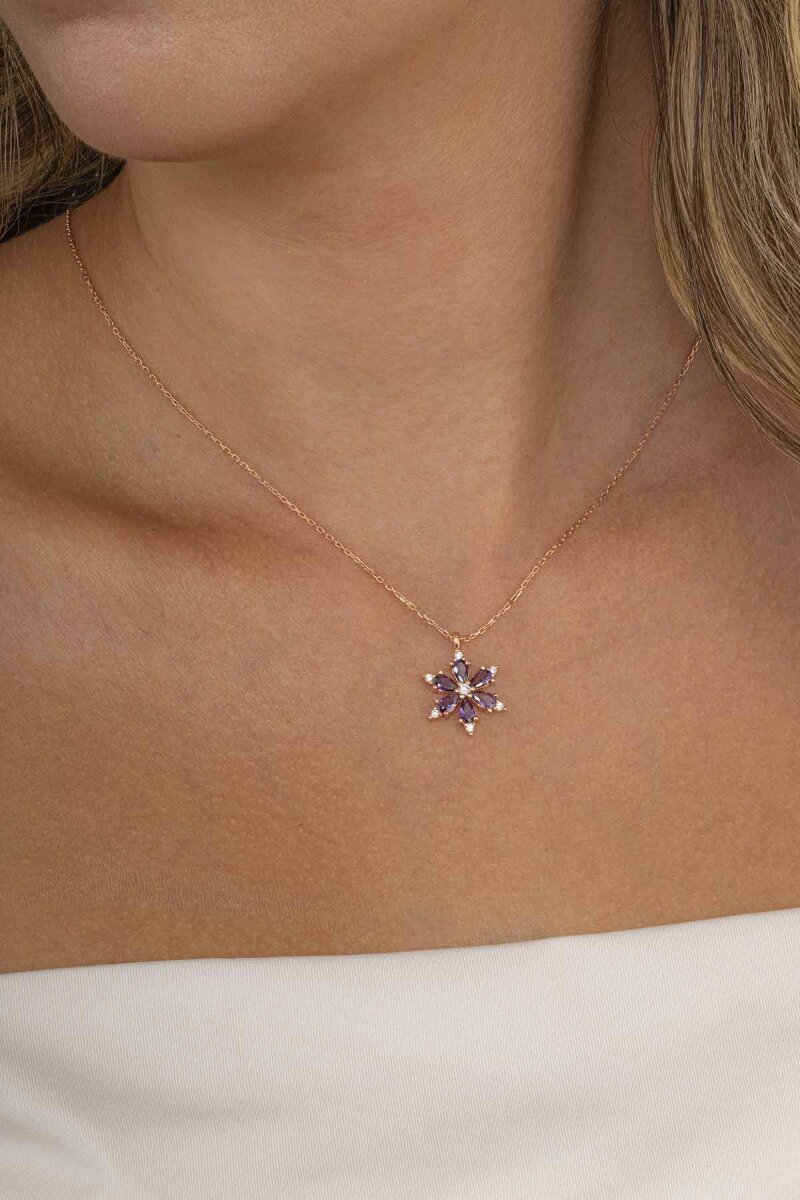 Ametist Taşlı 6 Yapraklı Yonca Gümüş Kolye - 1