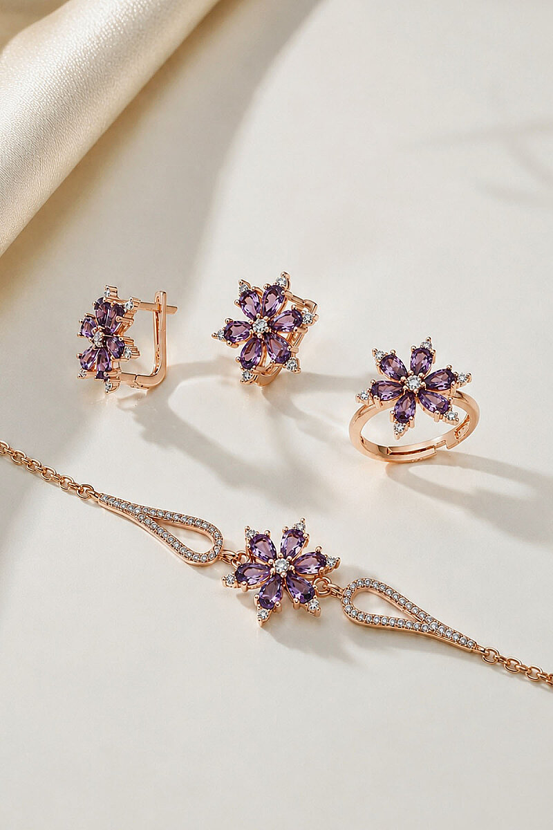 Ametist Taşlı Aster Çiçeği Gümüş Set - 1
