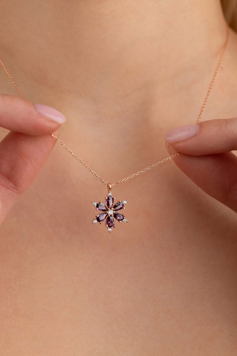 Ametist Taşlı Aster Çiçeği Gümüş Set - 4