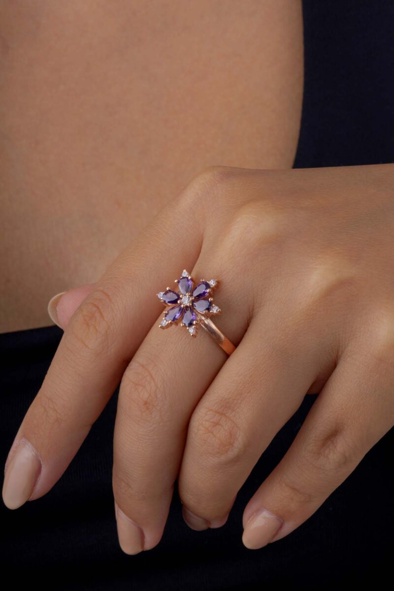 Ametist Taşlı Aster Çiçeği Gümüş Yüzük - 1