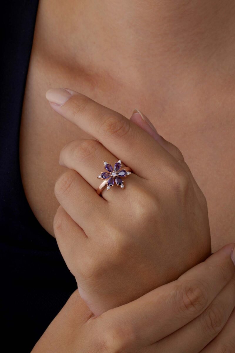 Ametist Taşlı Aster Çiçeği Gümüş Yüzük - 2