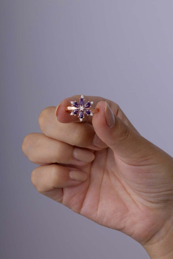 Ametist Taşlı Aster Çiçeği Gümüş Yüzük - Gümüş Pazarım