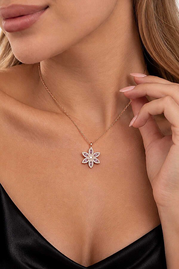 Ametist Taşlı Lotus Çiçeği Gümüş Kolye - Gümüş Pazarım