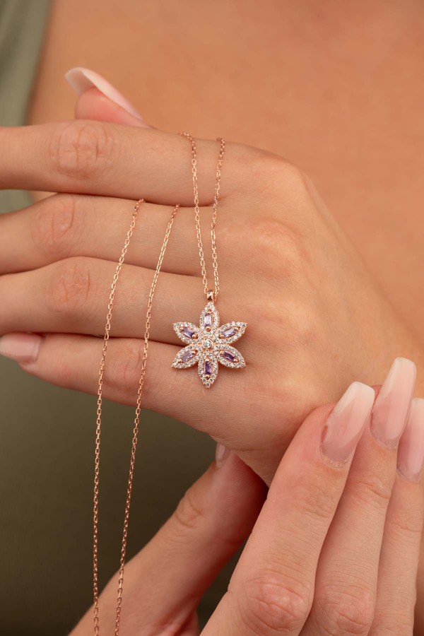 Ametist Taşlı Lotus Çiçeği Gümüş Kolye - Gümüş Pazarım