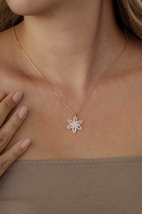 Ametist Taşlı Lotus Çiçeği Gümüş Kolye - Gümüş Pazarım