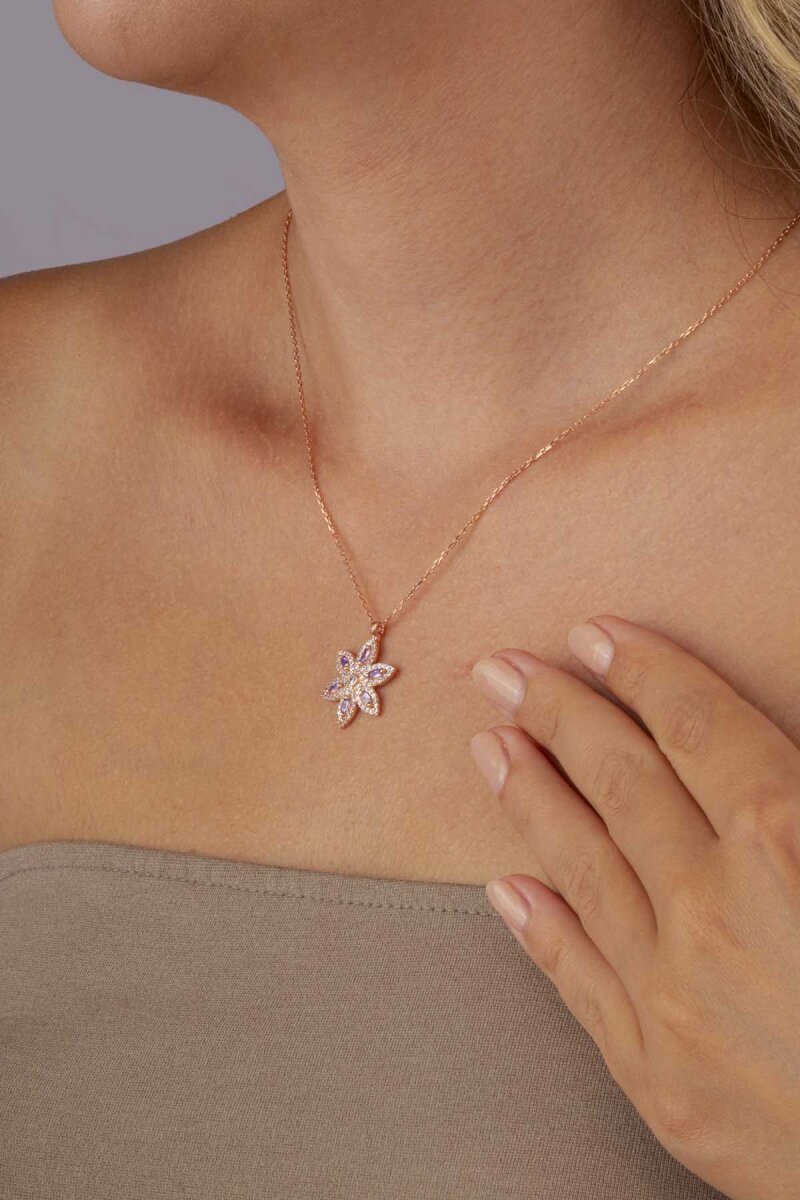 Ametist Taşlı Lotus Çiçeği Gümüş Kolye - 3
