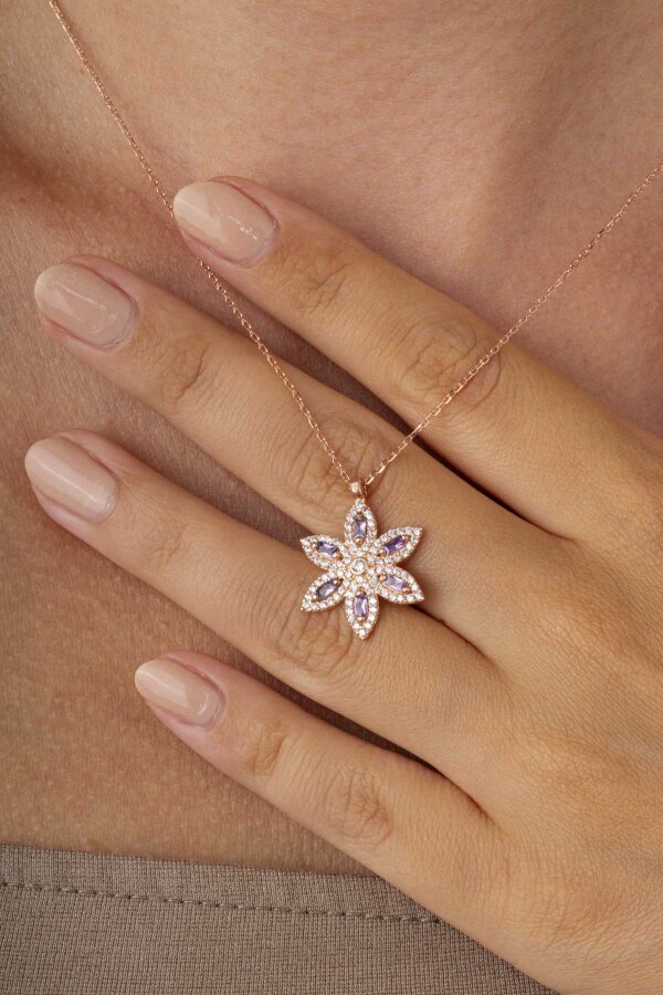 Ametist Taşlı Lotus Çiçeği Gümüş Kolye - Gümüş Pazarım