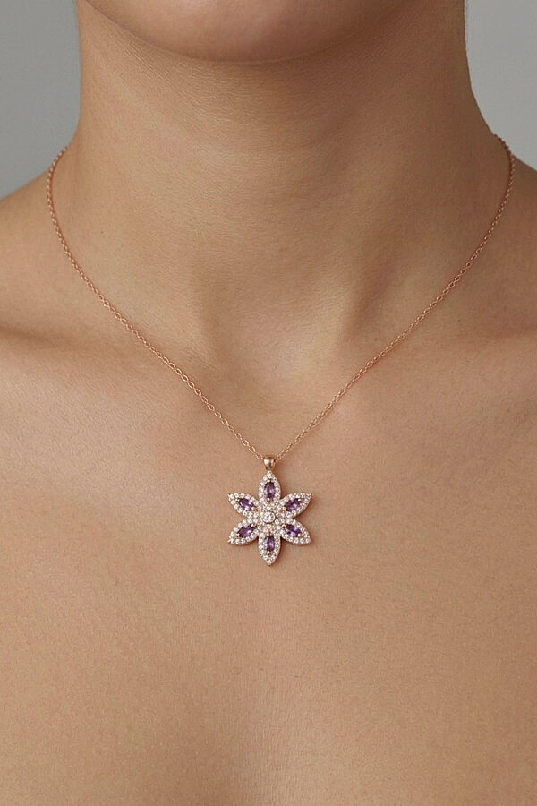 Ametist Taşlı Lotus Çiçeği Gümüş Kolye - Gümüş Pazarım