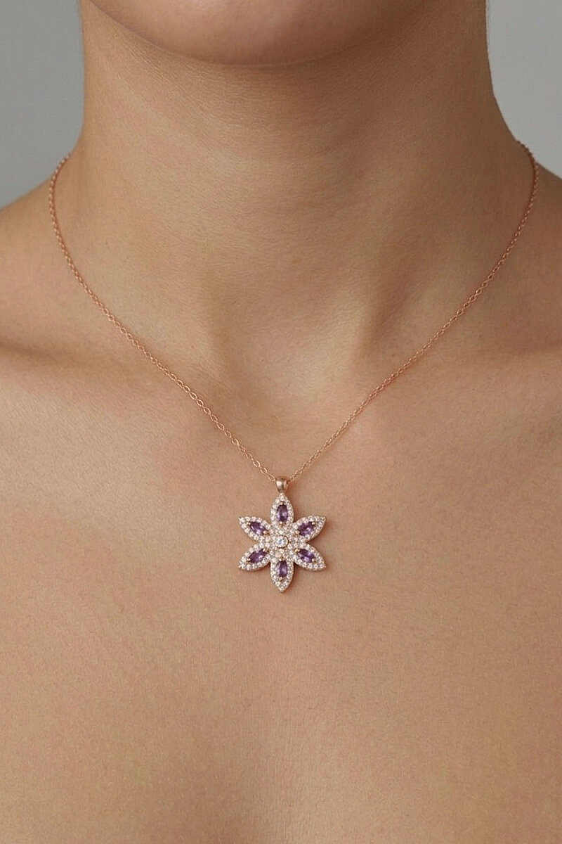 Ametist Taşlı Lotus Çiçeği Gümüş Kolye - 3