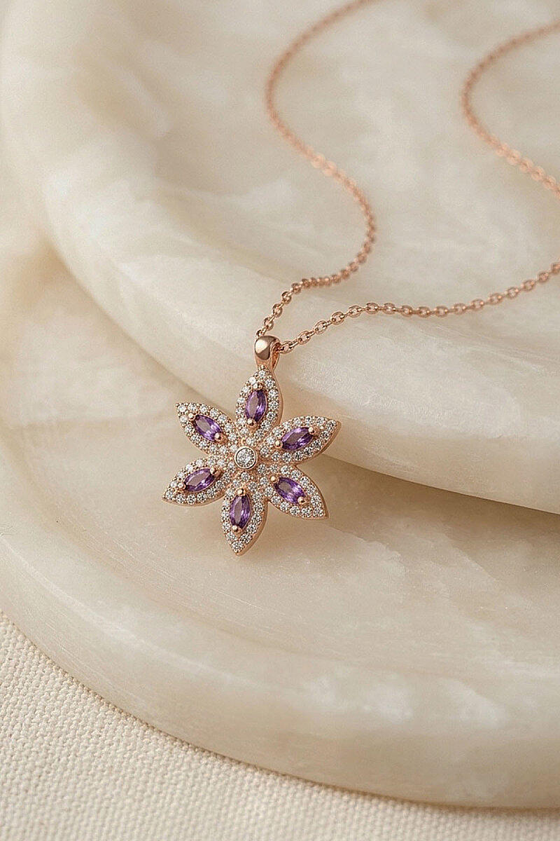 Ametist Taşlı Lotus Çiçeği Gümüş Kolye - 1