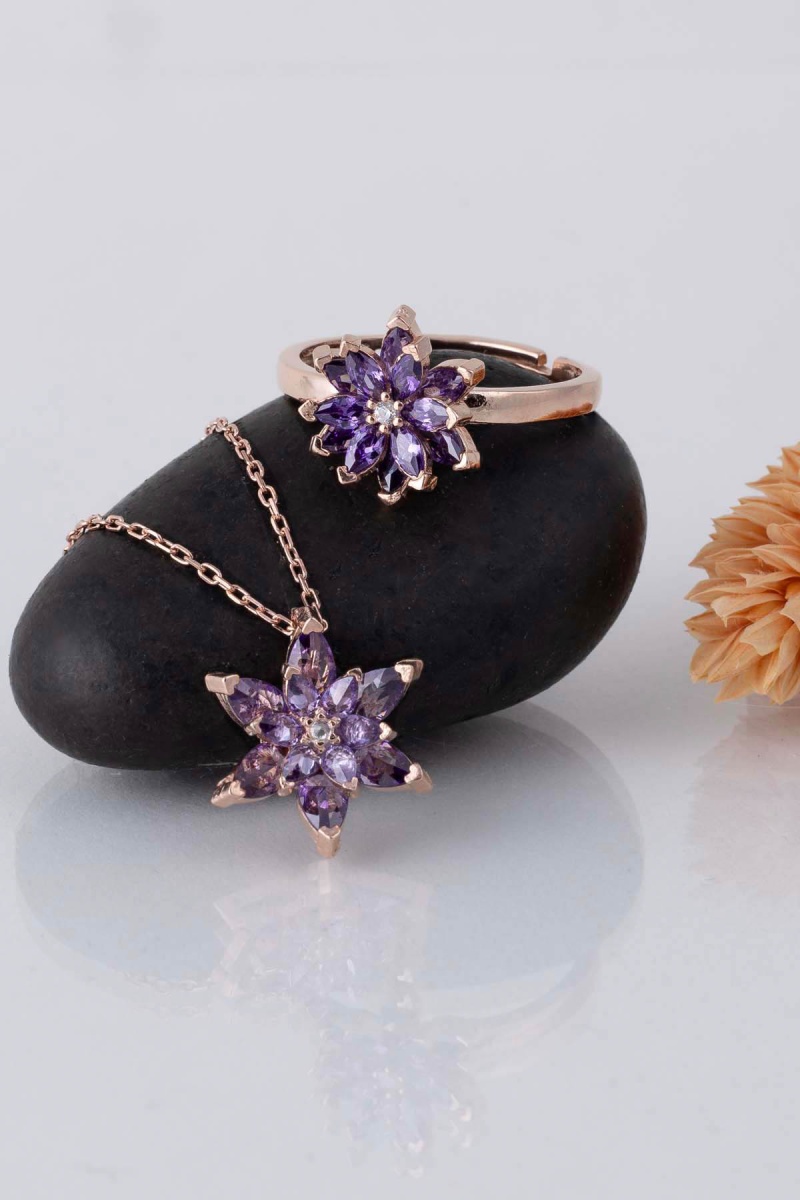 Ametist Taşlı Lotus Çiçeği Gümüş Kolye Yüzük Set - 3