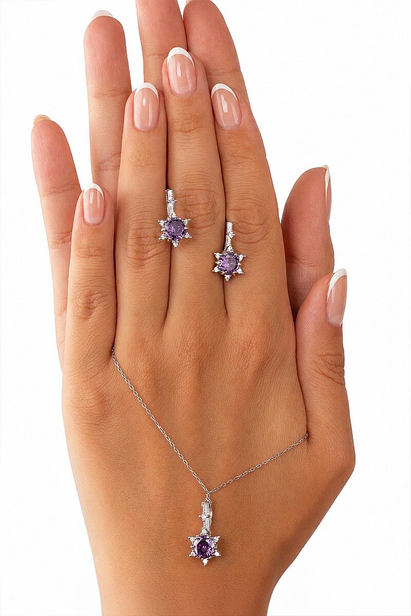 Ametist Taşlı Prenses Tektaş Gümüş Set - 3