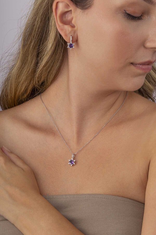 Ametist Taşlı Prenses Tektaş Gümüş Set - Gümüş Pazarım