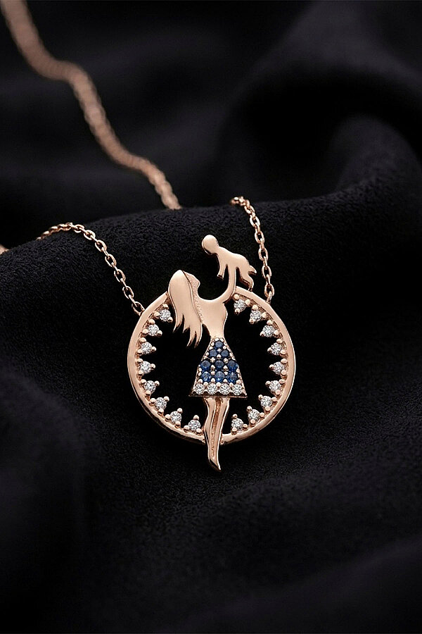 Anne Bebek Temalı 925 Ayar Gümüş Kolye Rose Altın Kaplama 