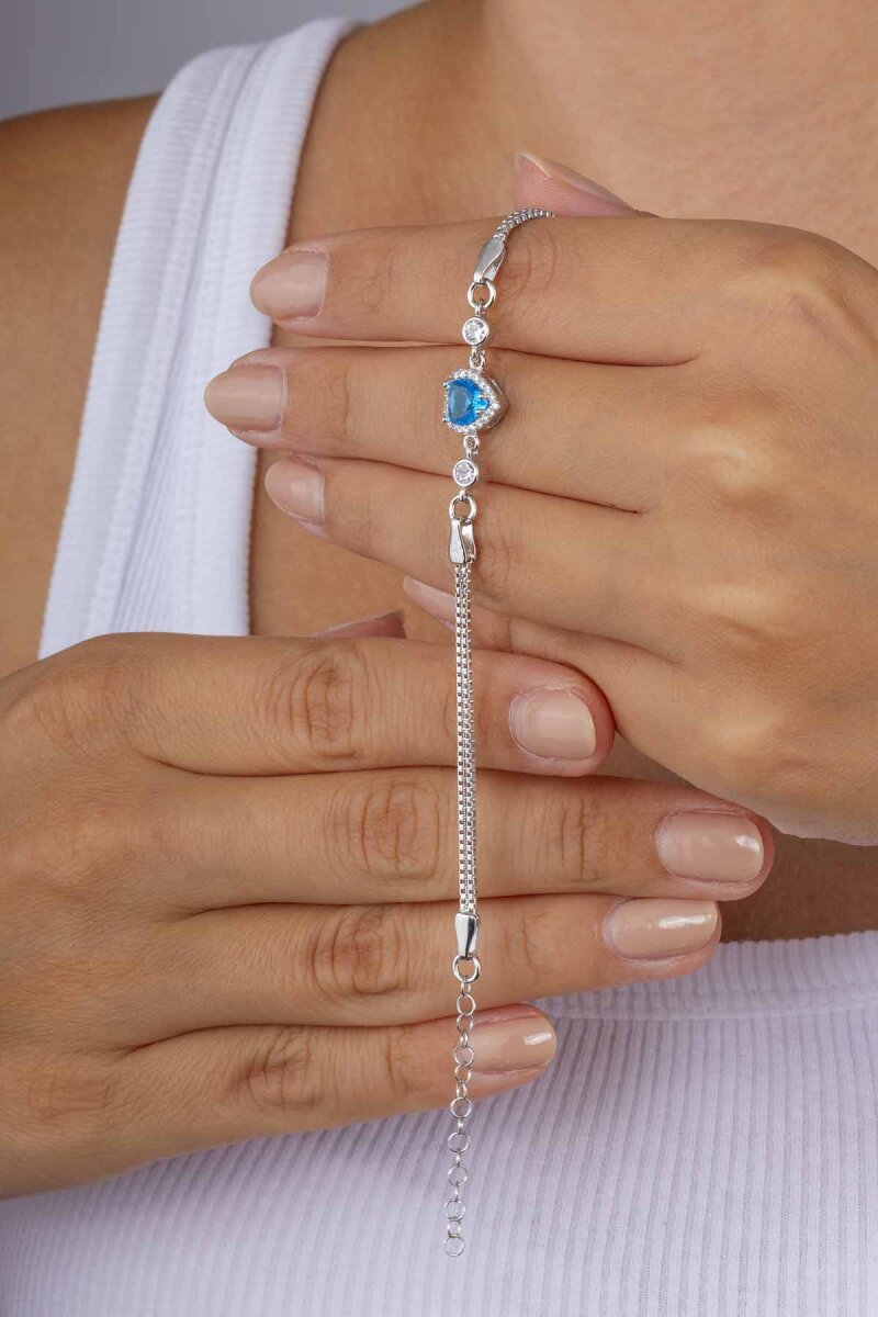 Aqua Taşlı Kalp Gümüş Su Yolu Bileklik - 3