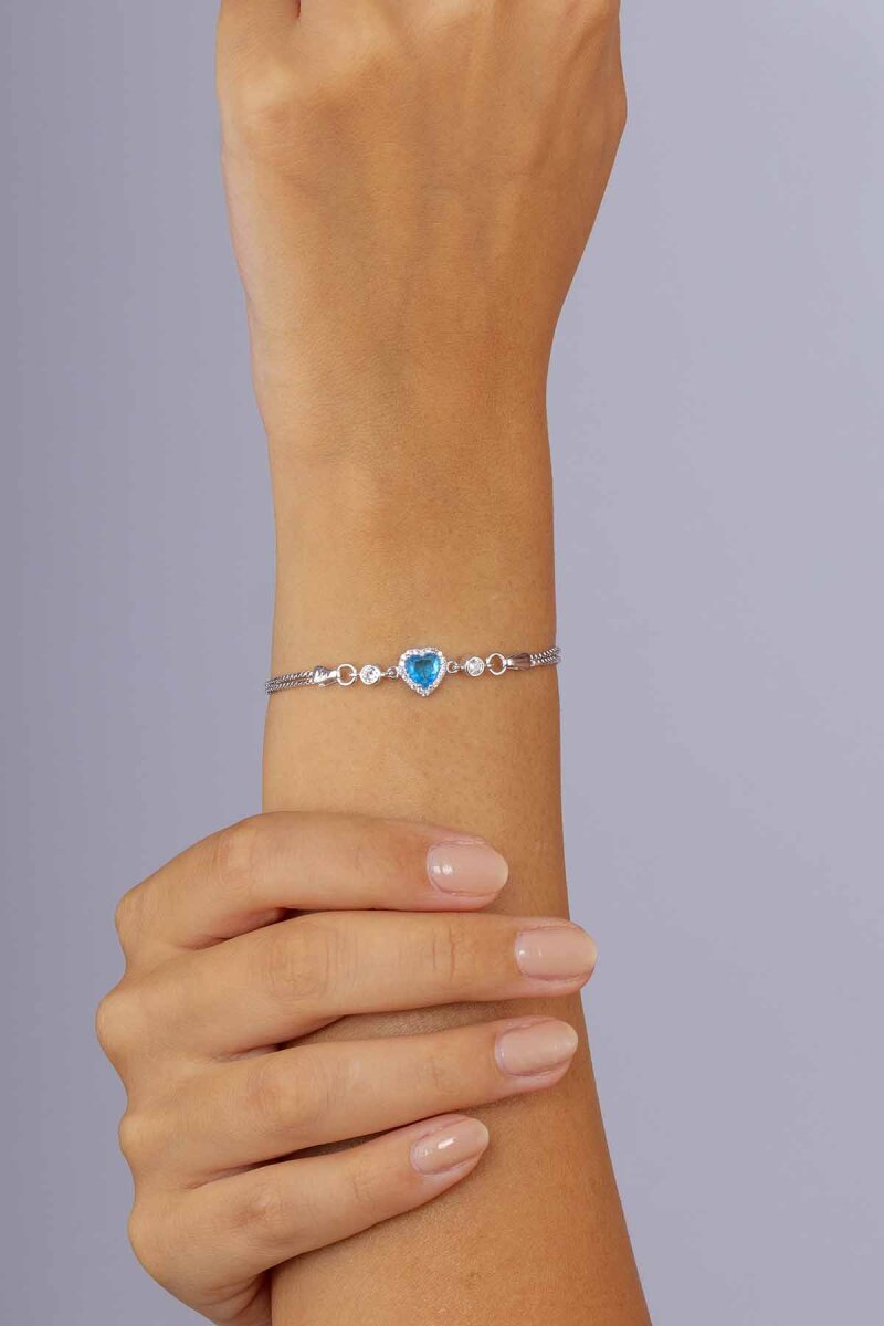 Aqua Taşlı Kalp Gümüş Su Yolu Bileklik - 2