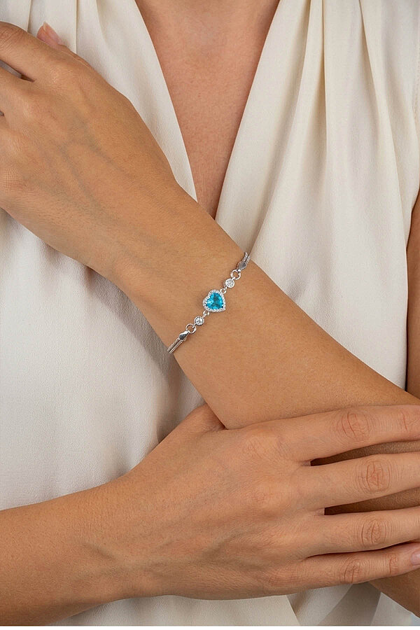 Aqua Taşlı Kalp Gümüş Su Yolu Bileklik - Gümüş Pazarım