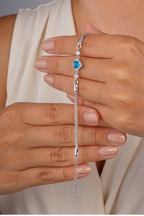 Aqua Taşlı Kalp Gümüş Su Yolu Bileklik - Gümüş Pazarım (1)