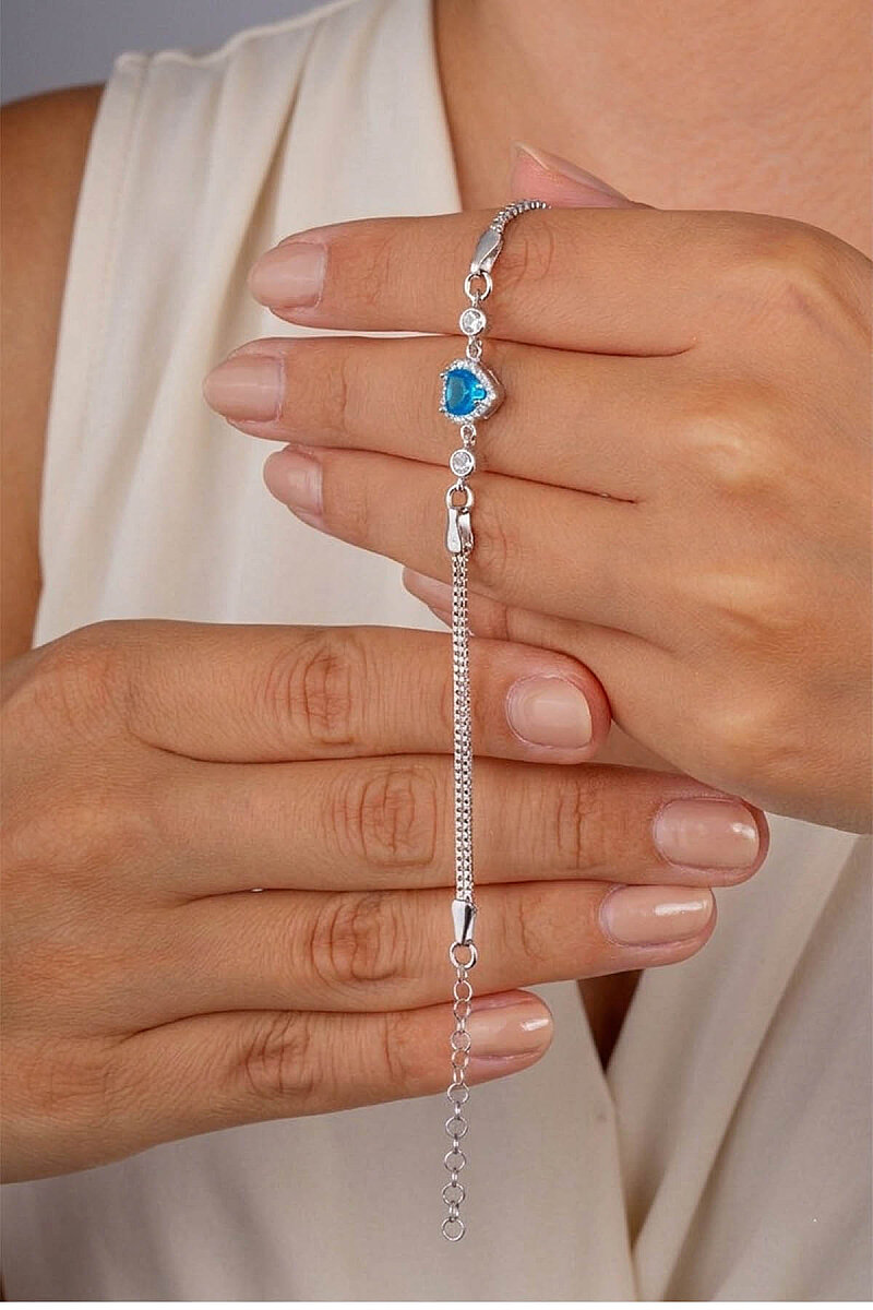 Aqua Taşlı Kalp Gümüş Su Yolu Bileklik - 2