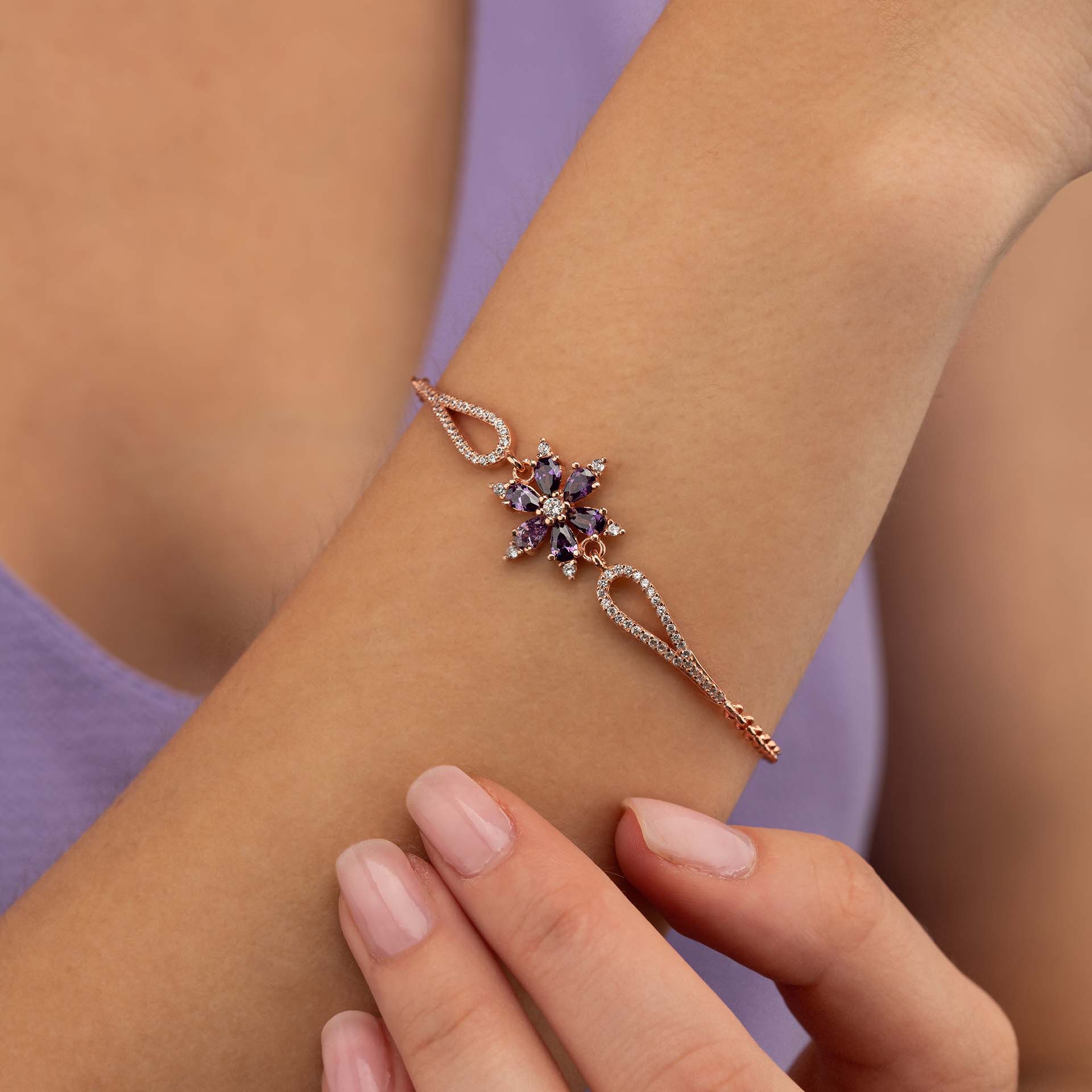 Aster Flower Silver Bracelet with Amethyst Stone - Thumbnail