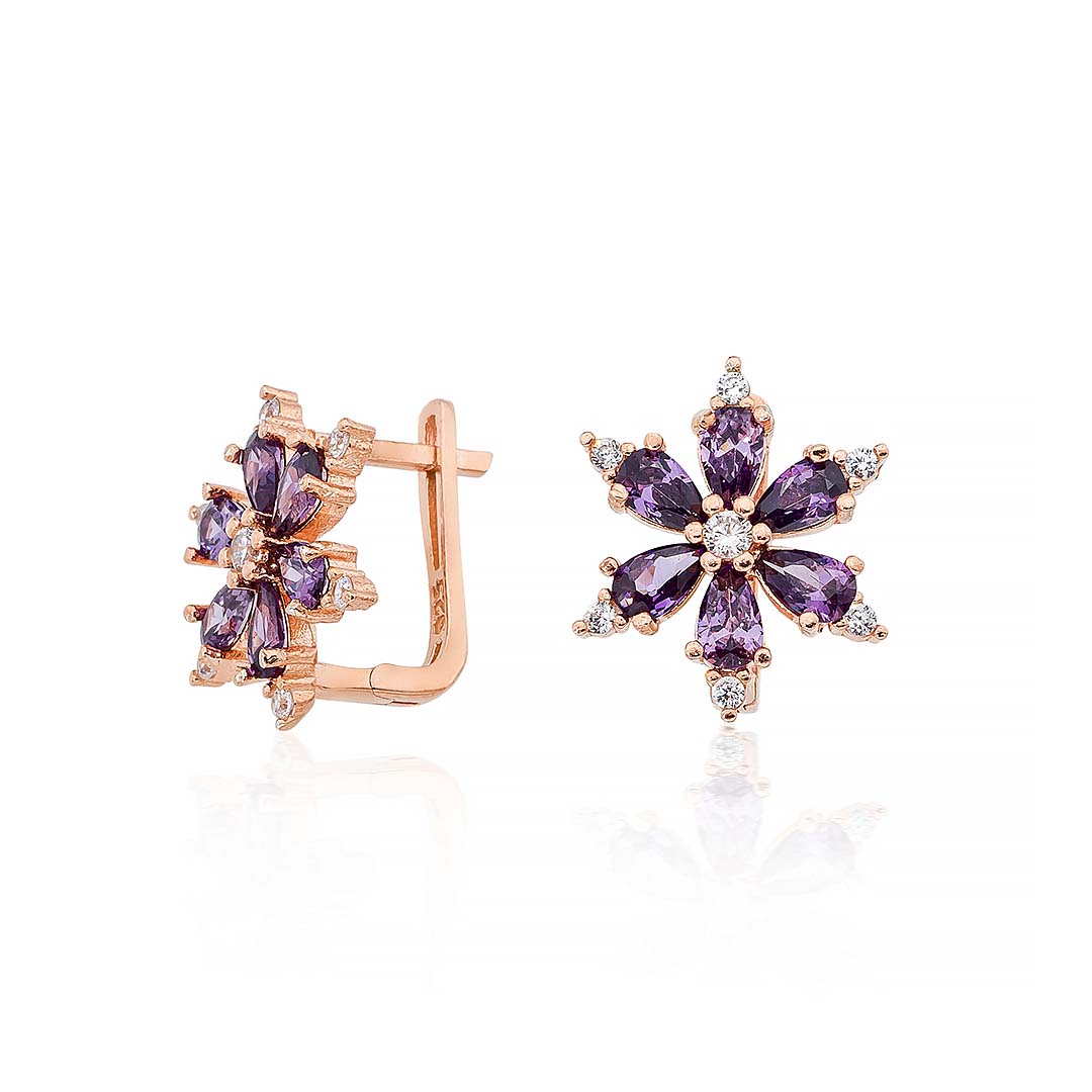 Aster Flower Silver Earrings with Amethyst Stone - Thumbnail