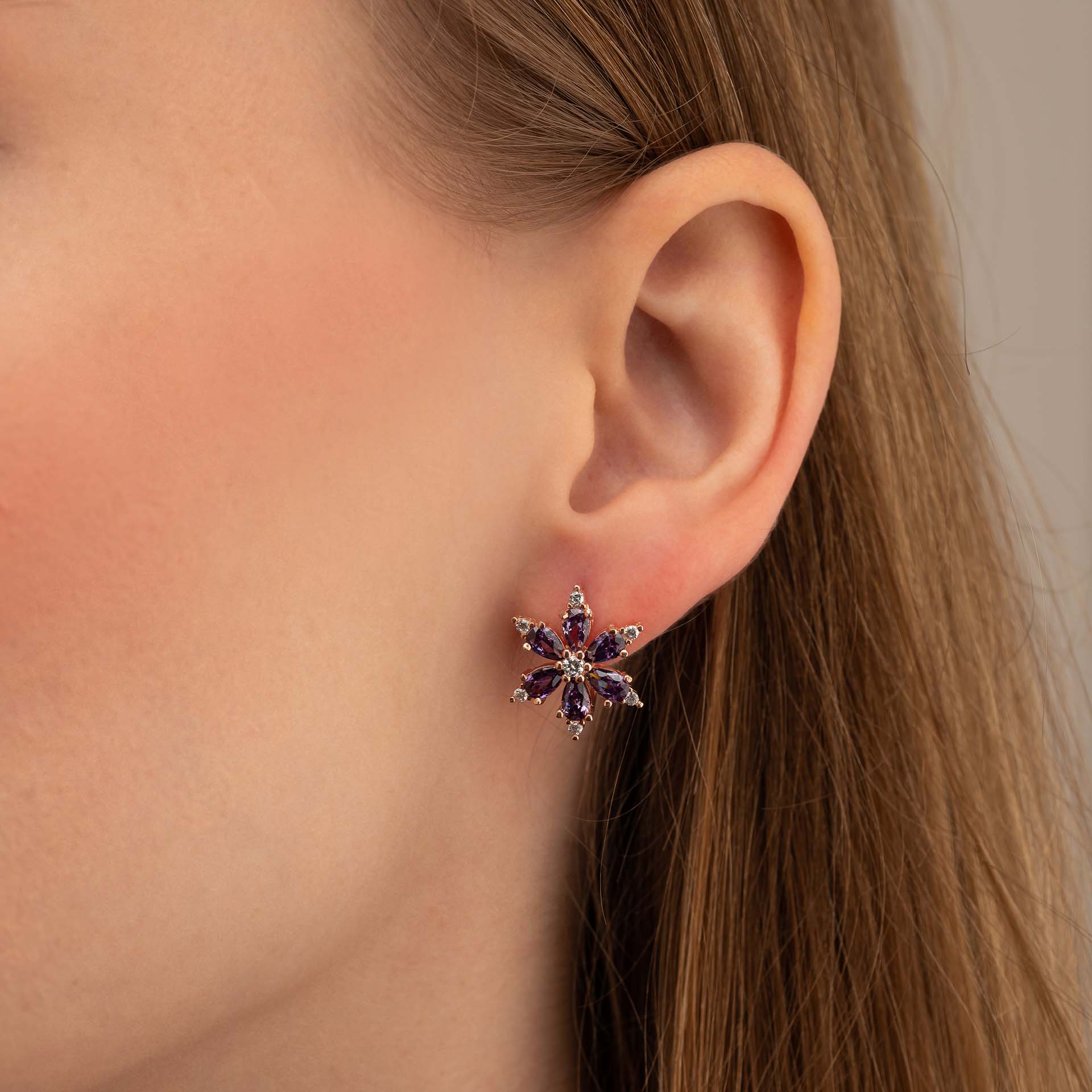 Aster Flower Silver Earrings with Amethyst Stone - Thumbnail