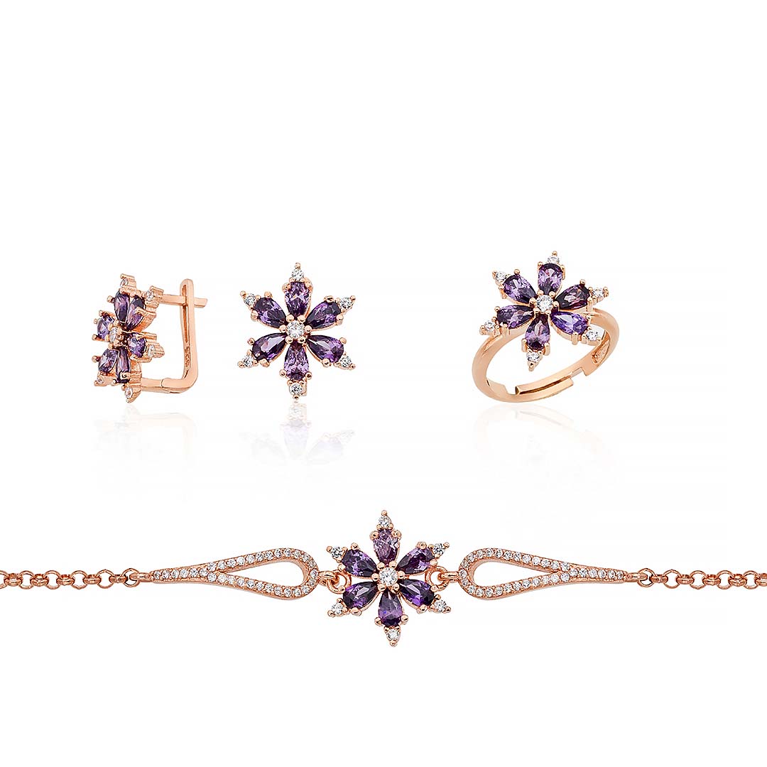 Aster Flower Silver Set with Amethyst Stone