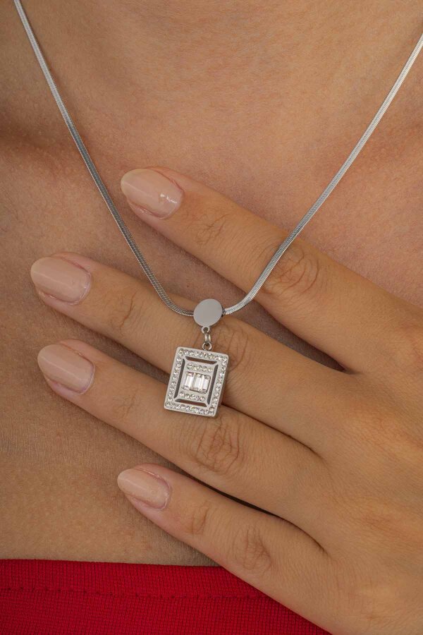 Baget Taşlı Çelik Kolye - 3