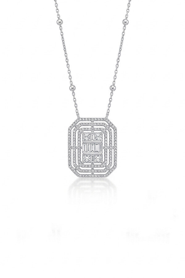 Baget Taşlı Emeral Kesim Pırlanta Montür Gümüş Kadın Kolye - Gümüş Pazarım
