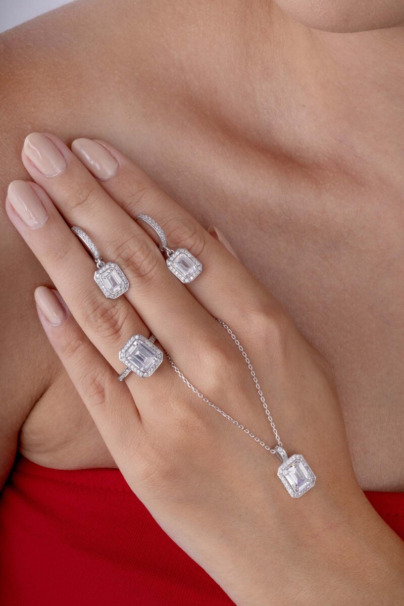 Baget Taşlı Emerald Kesim Beyaz Altın Kaplama Gümüş Kadın Set - 1