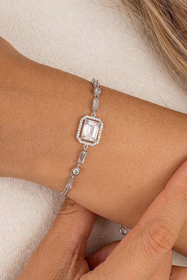 Baget Taşlı Emerald Kesim Gümüş Bileklik - Gümüş Pazarım