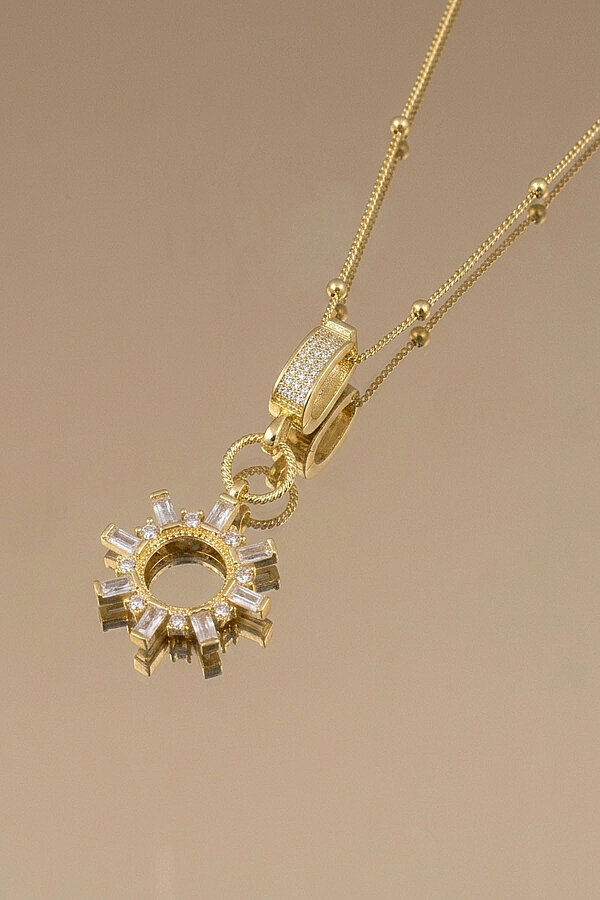 Altın Kaplama Baget Taşlı Güneş Motifli Top Zincirli 925 Ayar Gümüş Kolye - Gümüş Pazarım