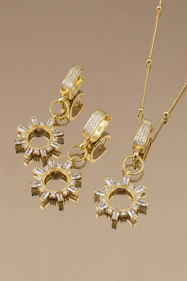 Altın Kaplama Baget Taşlı Güneş Motifli Top Zincirli 925 Ayar Gümüş Set - Gümüş Pazarım