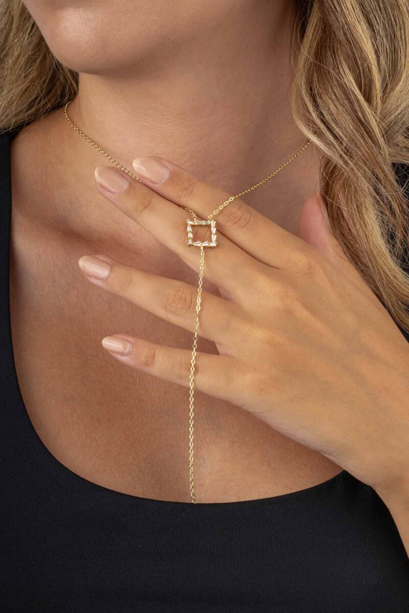 Baget Taşlı Kare Y Model Altın Kaplama Kadın Çelik Kolye - 2