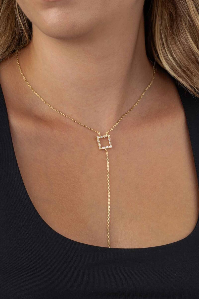 Baget Taşlı Kare Y Model Altın Kaplama Kadın Çelik Kolye - 1