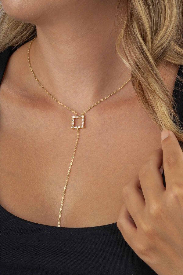 Baget Taşlı Kare Y Model Altın Kaplama Kadın Çelik Kolye - Gümüş Pazarım