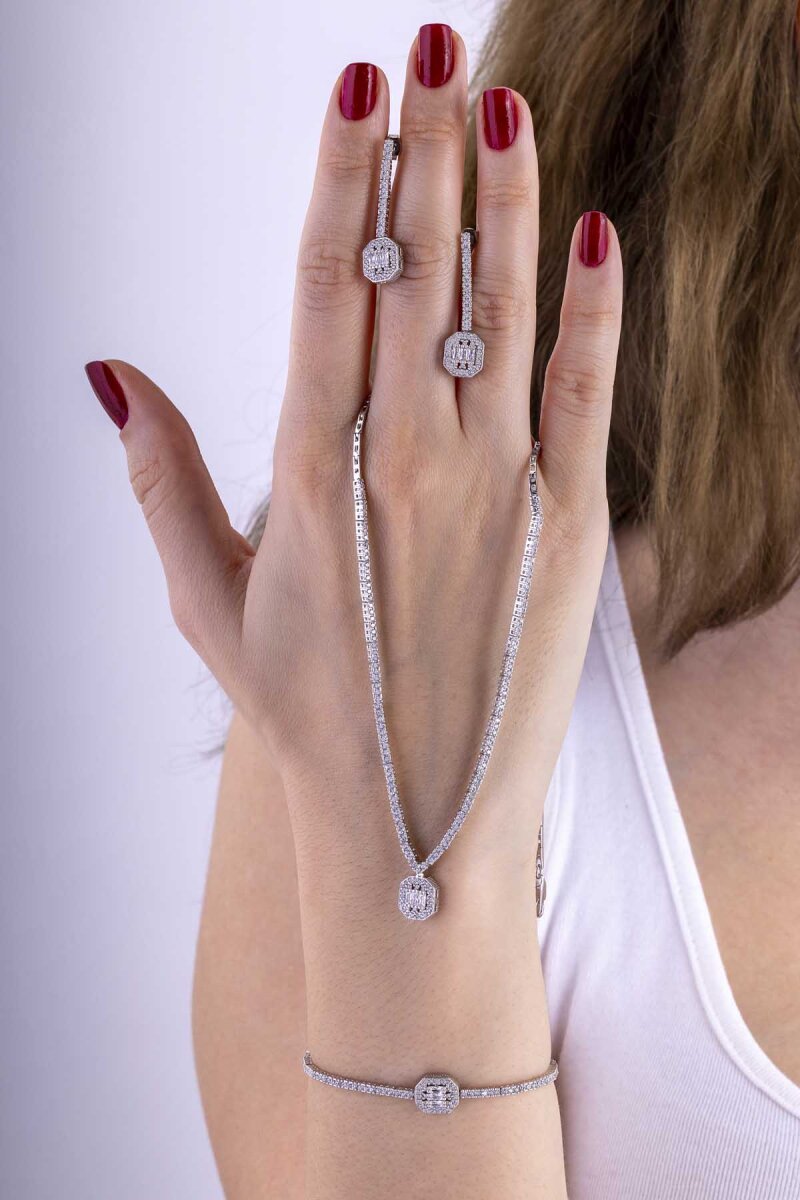 Baget Taşlı Rodyum Kaplama 925 Ayar Gümüş Düğün Seti - 1