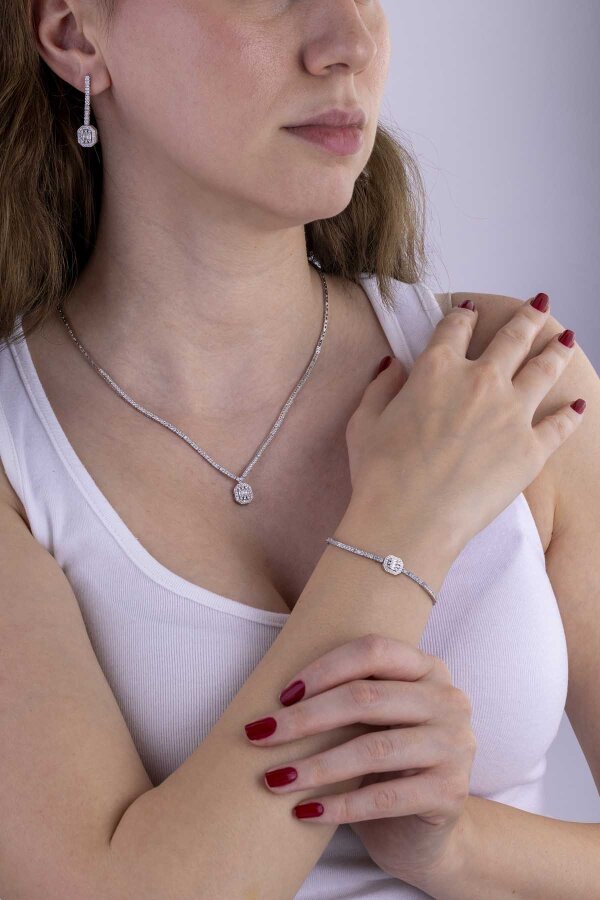 Baget Taşlı Rodyum Kaplama 925 Ayar Gümüş Düğün Seti - 2