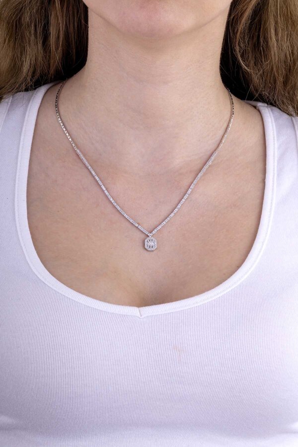 Baget Taşlı Rodyum Kaplama 925 Ayar Gümüş Kolye - Gümüş Pazarım