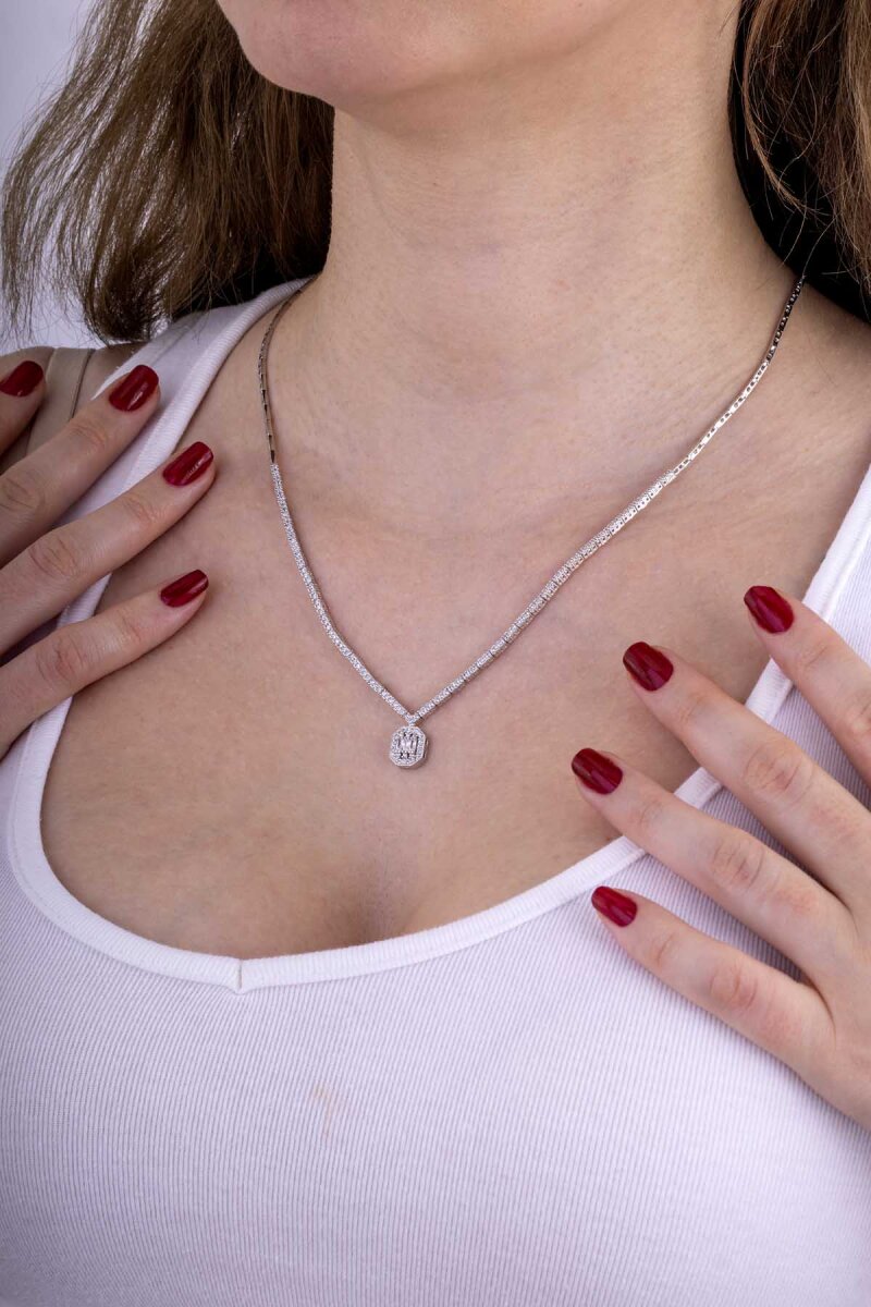 Baget Taşlı Rodyum Kaplama 925 Ayar Gümüş Kolye - 3