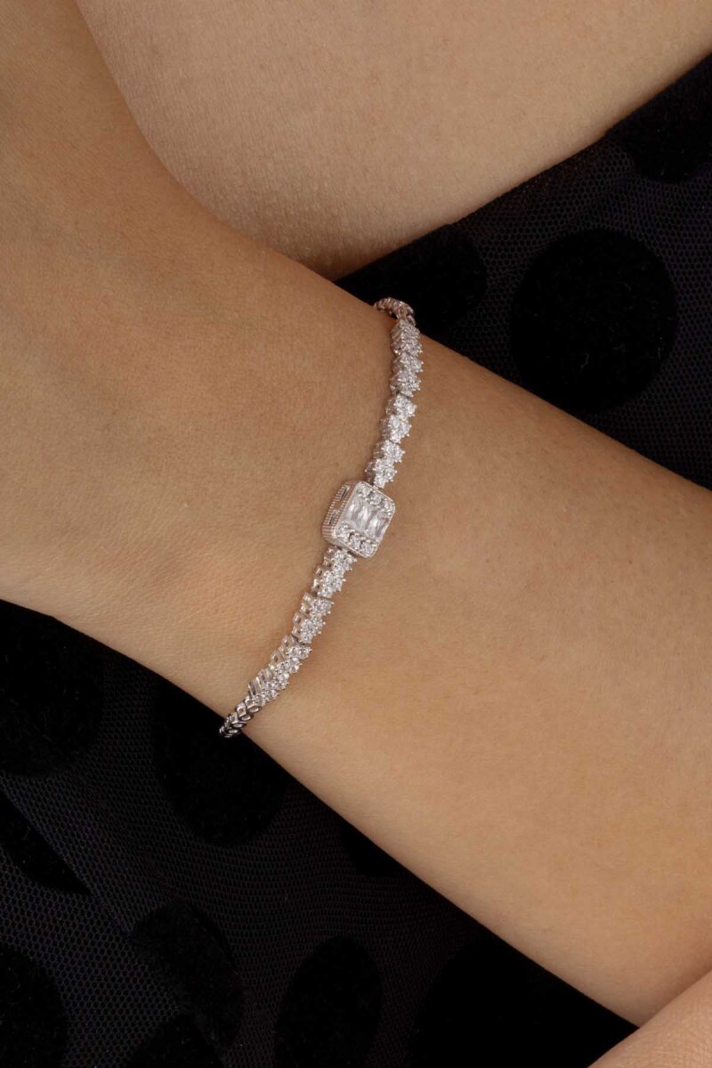 Baget Taşlı Rodyum Kaplama Su Yolu 925 Ayar Gümüş Bileklik - 1