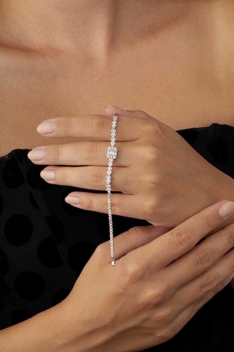 Baget Taşlı Rodyum Kaplama Su Yolu 925 Ayar Gümüş Bileklik - 2