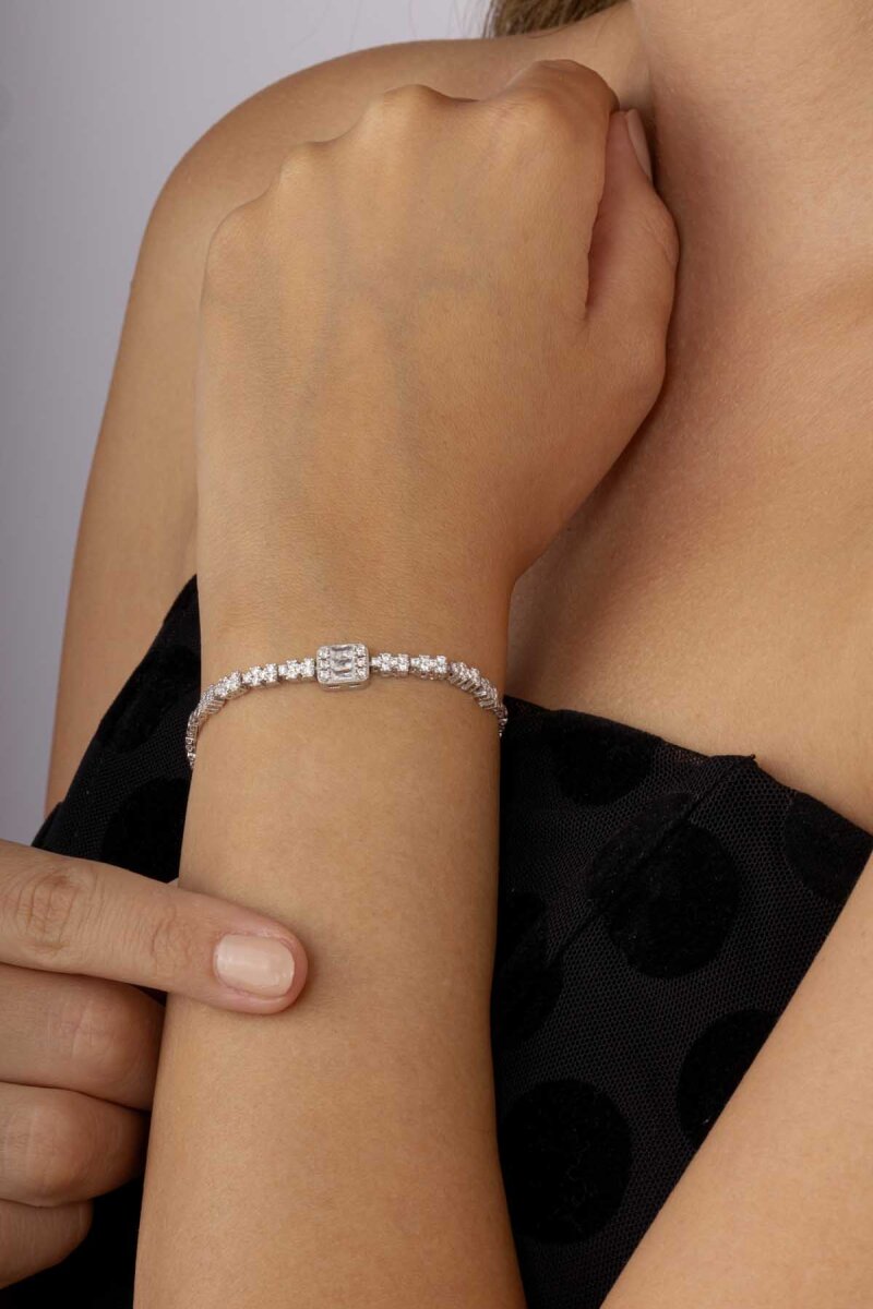 Baget Taşlı Rodyum Kaplama Su Yolu 925 Ayar Gümüş Bileklik - 3