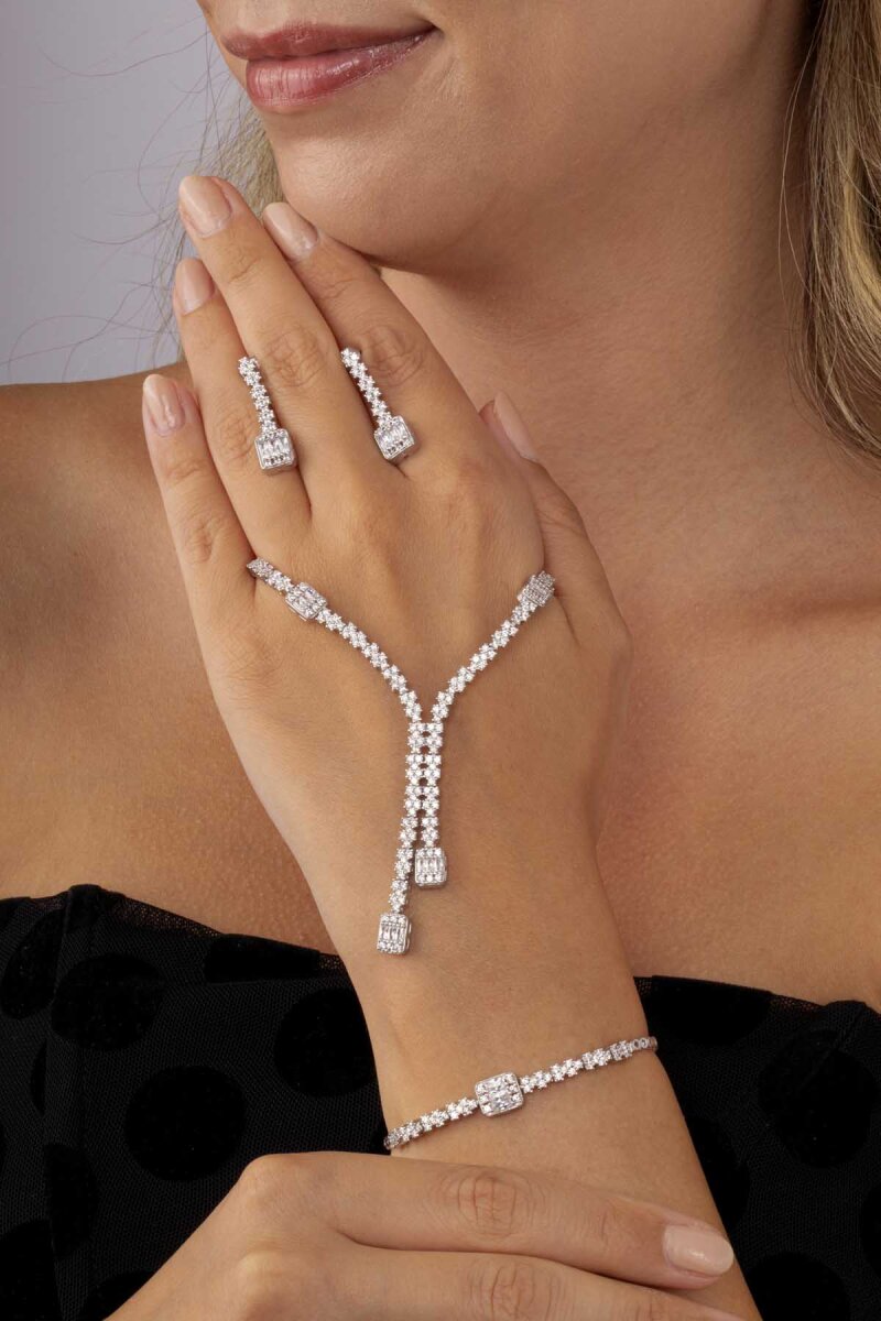 Baget Taşlı Rodyum Kaplama Su Yolu 925 Ayar Gümüş Düğün Set - 1