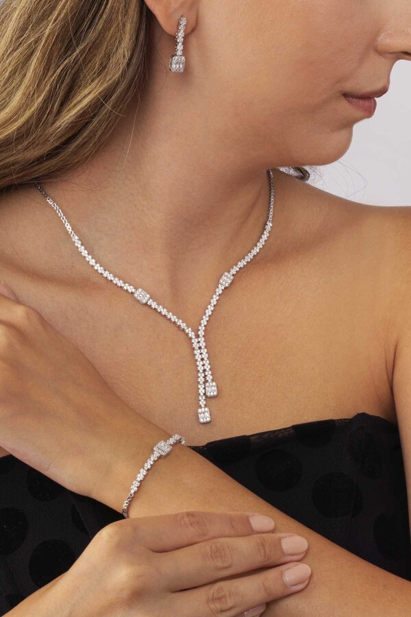 Baget Taşlı Rodyum Kaplama Su Yolu 925 Ayar Gümüş Düğün Set - Gümüş Pazarım